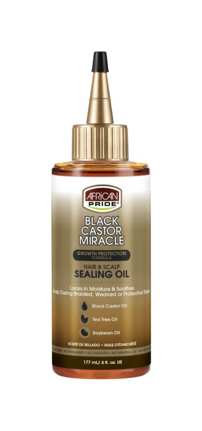 African Pride Black Castor Miracle Hair & Scalp Sealing Oil - Locks in Moisture & Soothes, Contains Black Castor/Tea Tree/Soybean Oil, 6 oz