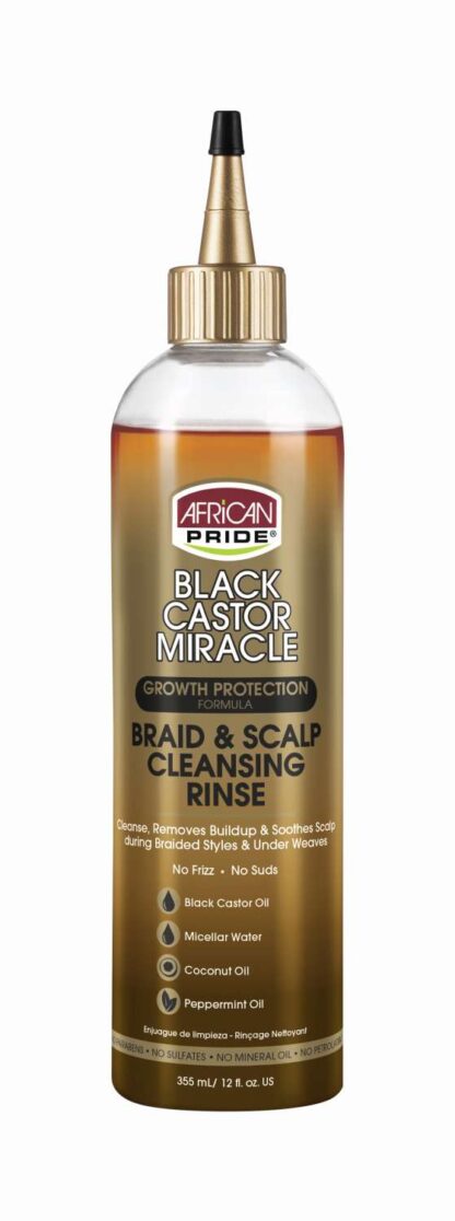 African Pride Black Castor Miracle Braid & Scalp Cleansing Rinse - Removes Hair Build Up & Soothes Scalp, No Frizz, Contains Black Castor Oil, Micellar Water, Coconut Oil, Peppermint Oil, 12 oz