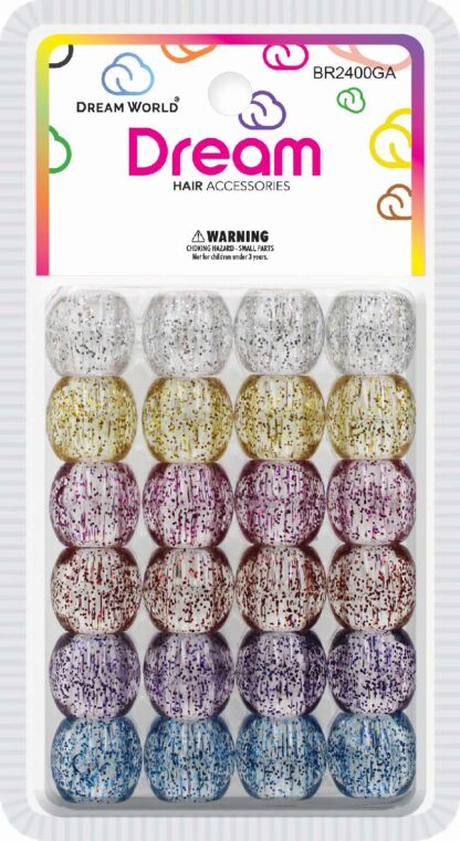 Dream World Hair Beads Round 18 MM Clear Glitter Assorted Colors 24 Piece Pack