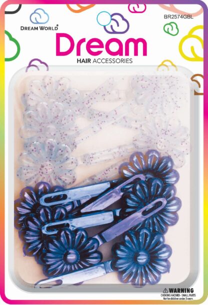 Dream World Self Hinge Barrette Daisy Metallic & Glitter Mix Blue 12 Piece Pack BR2574GBL