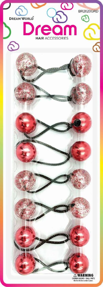 Dream World Ponytail Holder 20 MM Bead Metallic & Glitter Mix Red 8 Piece Pack