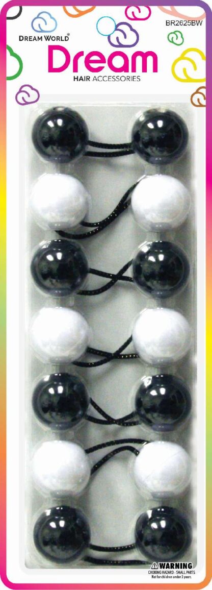 Dream World Ponytail Holder 25 MM Bead Solid Black & White 7 Piece Pack