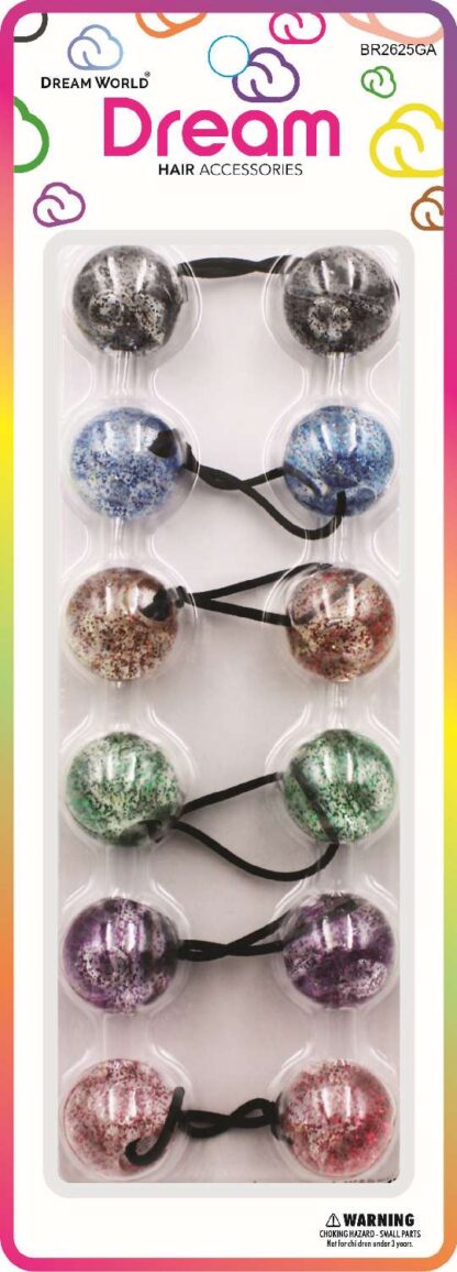 Dream World Ponytail Holder 25 MM Bead Assort Transparent Glitter Colors 6 Piece Pack