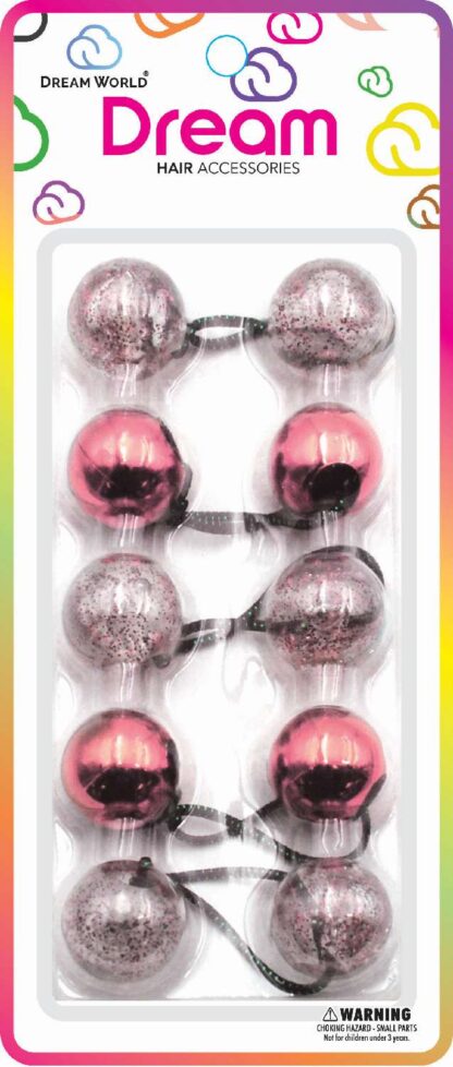 Dream World Ponytail Holder 25 MM Bead Metallic & Glitter Mix Pink 5 Piece Pack