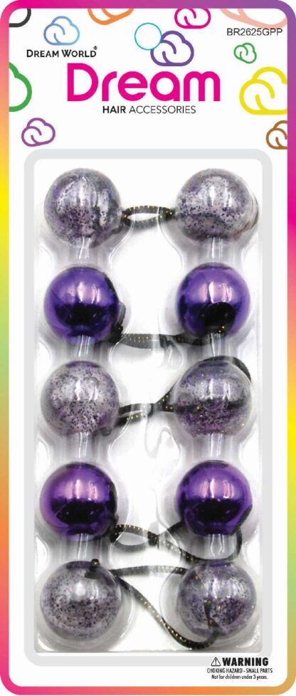 Dream World Ponytail Holder 25 MM Bead Metallic & Glitter Mix Purple 5 Piece Pack